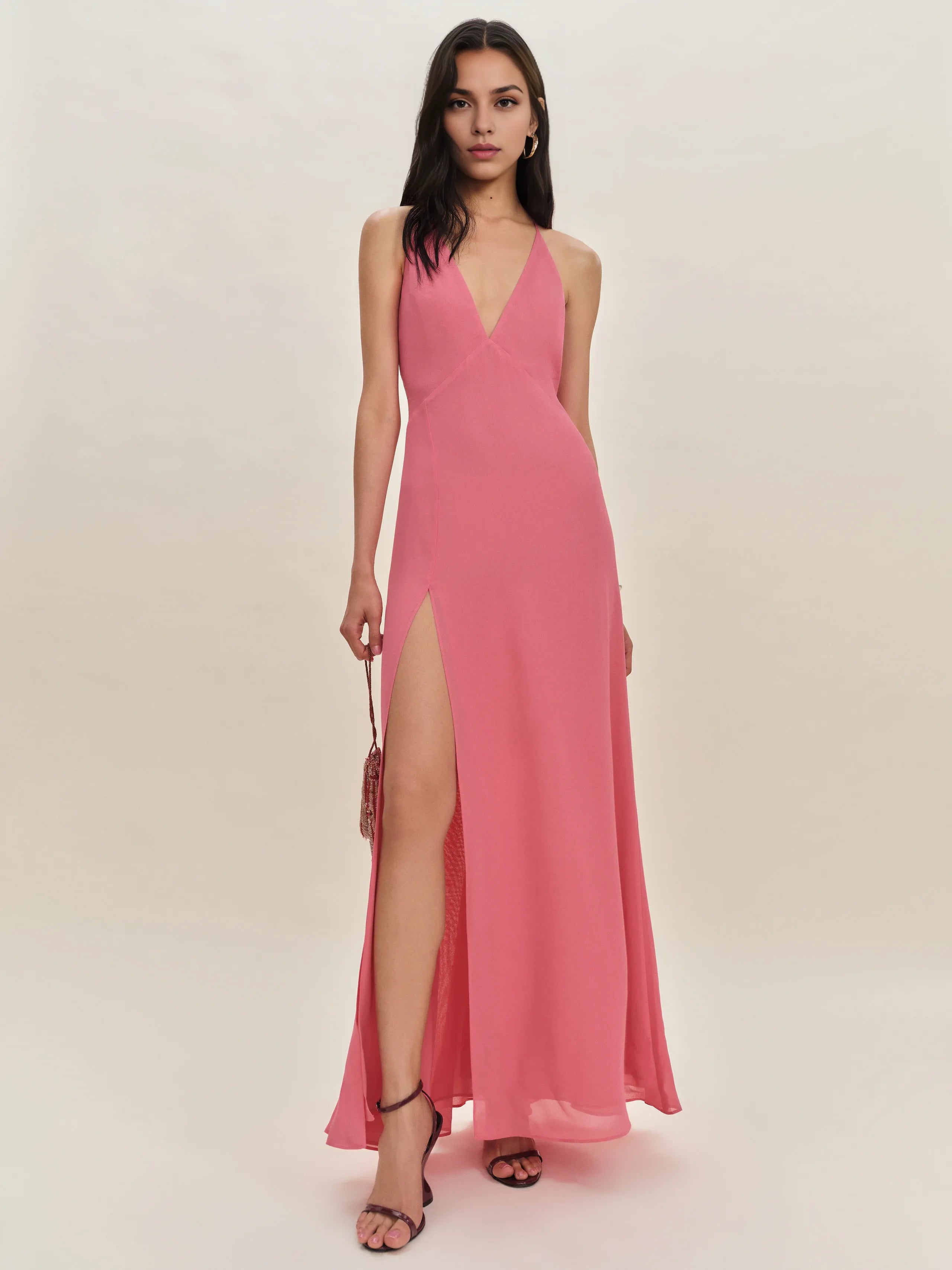 Robe Weitese simple, col en V, sans manches, coupe trapèze, robe de bal, robe longue, dos nu, robe de soirée avec fente